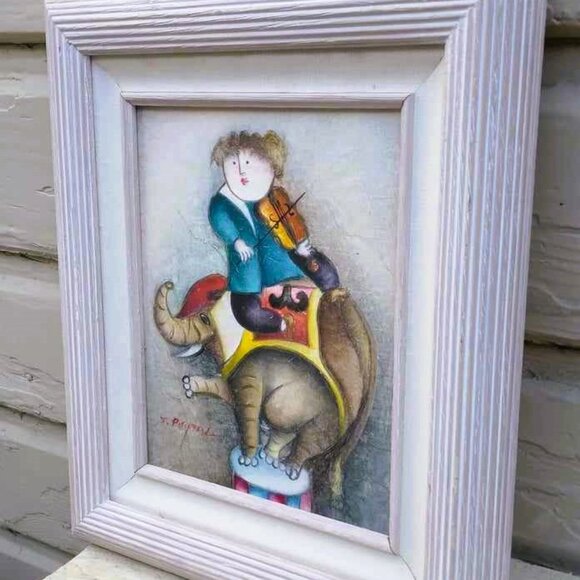 Signed J Roybal Whimsical Violinist on an Elephant Painting Framed - Picture 7 of 11